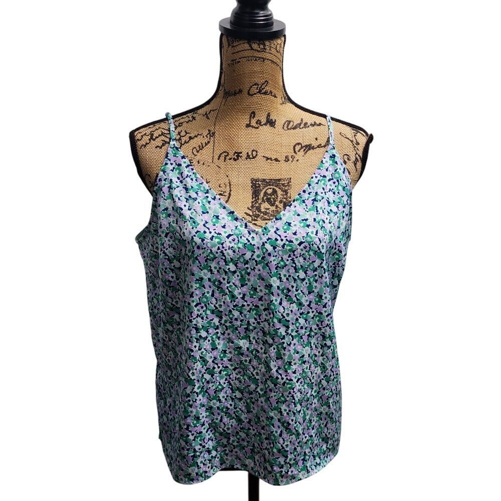A New Day Floral Cami Top V-Neck Sleeveless Casual Blouse Green Purple L
